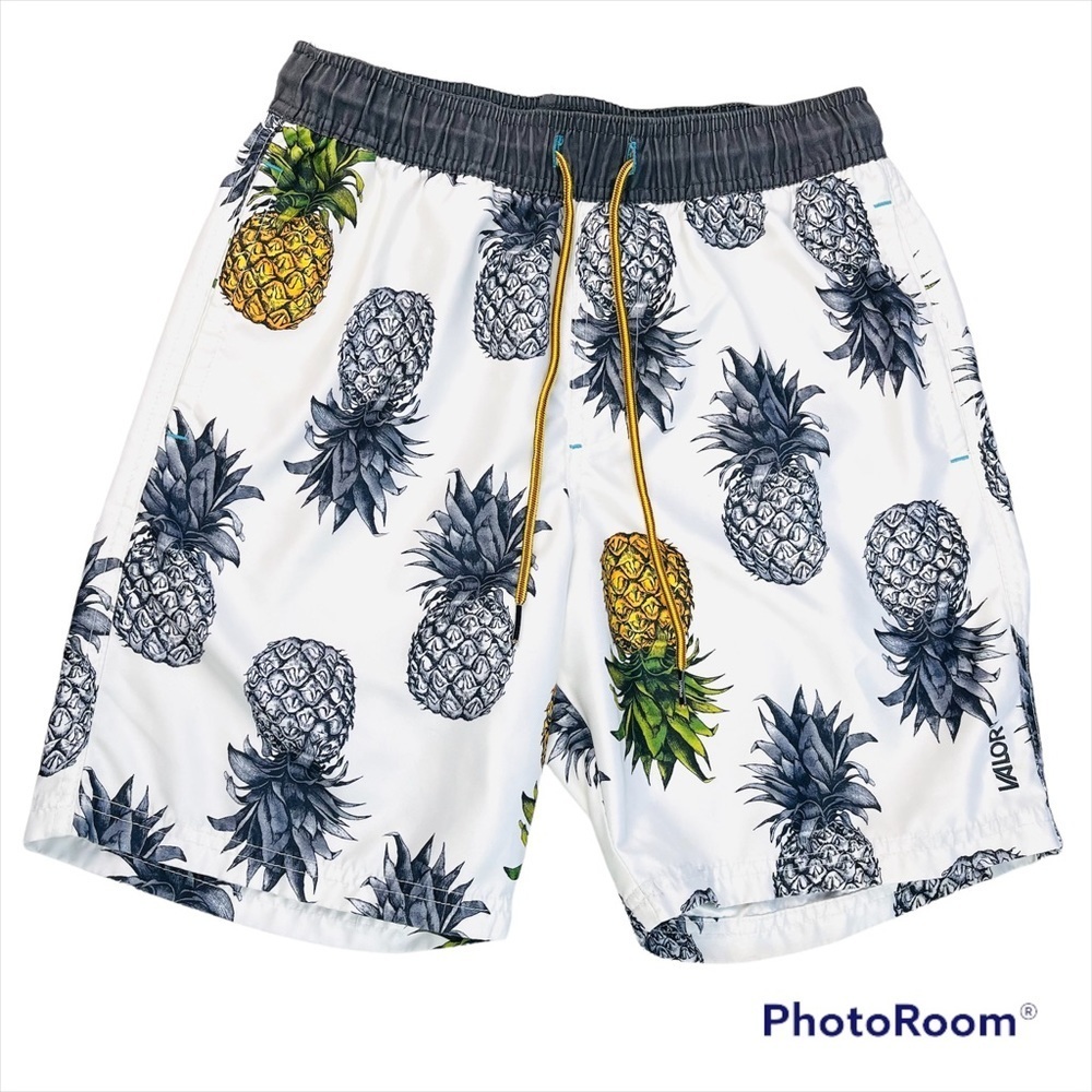 Mens Swim Trunks Pockets Pineapple Design White Gray Valor Collective
